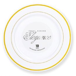 12 pieces Elegance Plate 10.25in White + 2 Line Stamp Gold - Plastic Dinnerware