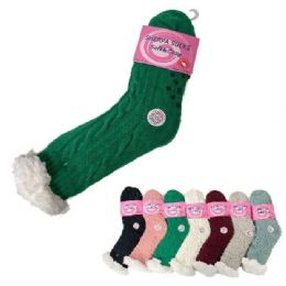24 Pieces Plush - Lined Non Slip Sherpa Socks - Solid Cable Knit - Womens Sherpa Socks