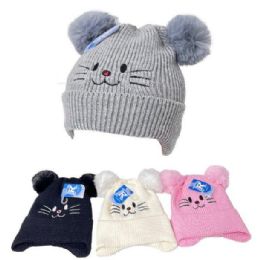36 Pairs Child's Super Soft Plush - Lined Knit Hat [pompoms] Kitty - Junior / Kids Winter Hats