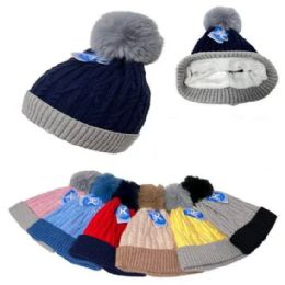 48 Pieces Children's Two Tone Pom Pom Plush - Lined Cable Knit Hat - Junior / Kids Winter Hats