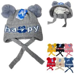 48 of Children Plush - Lined Ear Flap Knit Hat With Pompoms