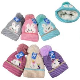 48 Pieces Children PlusH-Lined Knit Hat With Pompom - Junior / Kids Winter Hats