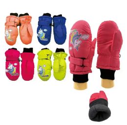 24 of Unisex Kids Heavy Duty Winter Unicorn Mittens In Assorted Characters