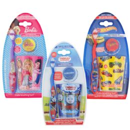 Toothbrush Kids Licensed 3pc Set Barbie, Hot Wheels, Thomas&friends