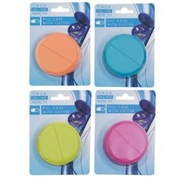 48 pieces Pill Case W/cutter Plastic Round 4asst Colors 12pc Merchstrip Hba Blc - Pill Boxes and Accesories