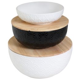 Serving Bowls 3pc Set Stoneware W/2 Acacia Wood Lids White/black - Food Storage Containers