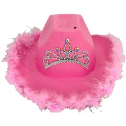 12 of Light-up Pink Cowgirl Hats with Feathers for Kids - Tiara Crown