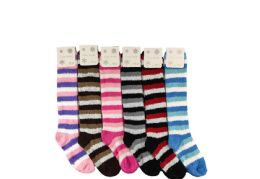 12 Pieces Woman Assorted Color Striped Fuzzy Sock - Womens Fuzzy Socks