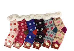 12 Pieces Womens Snowflake Printed Sock - Womens Sherpa Socks