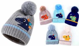 48 Pieces Kid's Knitted Dinosaur Winter Pom Pom Hat - Junior / Kids Winter Hats