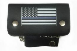 12 Pieces Thin Blue Line Leather Biker Wallet With Chain - Leather Wallets