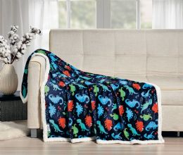 12 Pieces Navy Dino Sherpa Throw 50x60 - Fleece & Sherpa Blankets