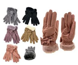 24 Pairs Womens Winter Gloves With Bow In Assorted Color - Fuzzy Gloves