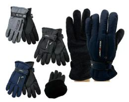 24 Pairs Men's Assorted Fuzzy Interior Gripper Winter Gloves With Strap - Fuzzy Gloves