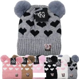 12 Pieces Kid's Fur Lining Winter Hat Two Pom Pom Heart - Kids Winter Gloves