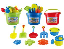 18 of 9" Sand Bucket With Accessories 12 Pcs Play Set (3 Asstd. Colors) Large Size