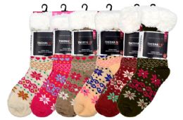 12 Pairs Knit Sherpa Socks With Grips (assorted) - Womens Thermal Socks