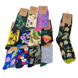 Fun Print Crew Socks Mens 10-13 (flowers/plants)