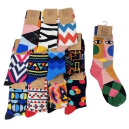 24 Pairs Fun Print Crew Socks Mens 10-13 (shapes) - Mens Crew Socks