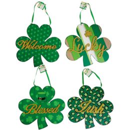 24 pieces Wall Plaque St Patricks Shamrock W/glitter & Beads 13x12 4ast Mdf Comply/label - Wall Decor