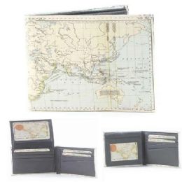 6 Pieces Vegan Leather Wallet [bifold] Globe Print - Leather Wallets