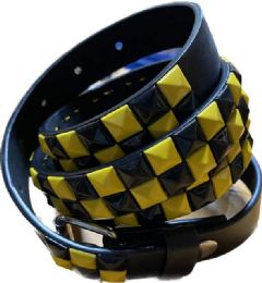 24 of Wholesale Yellow & Black Color Studded 2 Row Skinny Belt