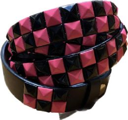 24 of Wholesale Pink & Black Color Studded 2 Row Skinny Belt