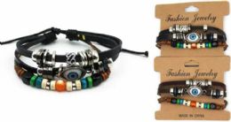 24 Pieces Wholesale Faux Leather Evil Eye Bracelet - Bracelets