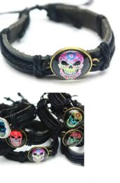 24 Pieces Wholesale Sugar Skull Faux Leather Bracelet - Bracelets