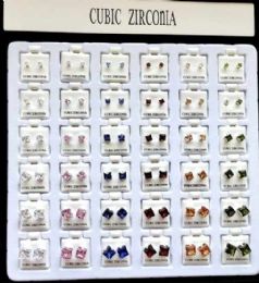 36 Pieces Wholesale Cubic Zirconia Studs Earring Square Shape - Earrings