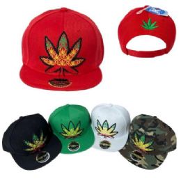 24 Pieces Wholesale Snap Back Flat Bill Hat Decorated Large Leaf - Baseball Caps & Snap Backs