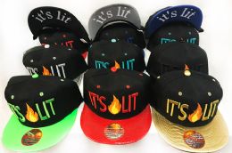 24 Pieces Wholesale Snap Back Flat Bill It's Lit With Flame Assorted Colors - Baseball Caps & Snap Backs