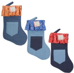 18 Pieces Stocking 18in Denim W/pocket & Ruffle Bandana Cuff 3ast - Christmas Stocking