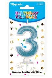 24 Pieces #3 Blue Glitter Birthday Candle - Birthday Candles