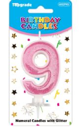 24 Pieces #9 Pink Glitter Birthday Candle - Birthday Candles