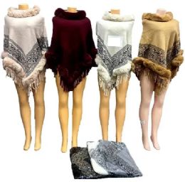 12 of Wholesale Knitted Poncho Paisley Pattern With Faux Fur Collar Assorted