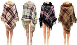 12 of Wholesale Classic Plaid Knitted Winter Poncho W/ Faux Fur Collar