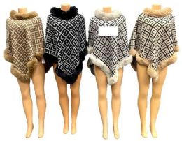 12 of Wholesale Knitted Poncho Aztec Pattern With Faux Fur Assorted