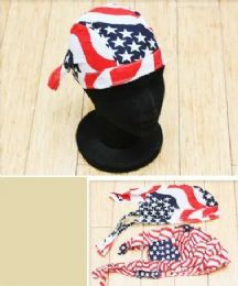 24 Pieces Wholesale Skull Caps Motorcycle Hats Fabric American Flag Print - Head Wraps