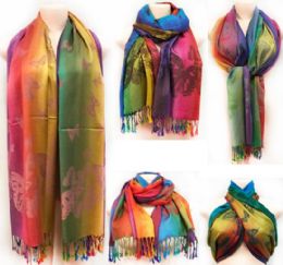 24 Pieces Wholesale Multicolor Butterflies Pattern Pashmina With Fringes - Womens Fashion Scarves