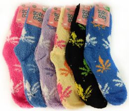 24 Pairs Wholesale Warm Soft Fuzzy Socks With Marijuana Leaf Assorted - Womens Fuzzy Socks