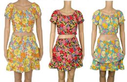 48 Pieces 2 Piece Floral Crop Top & Skirt Set In 3 Assorted Colors - Womens Sundresses & Fashion
