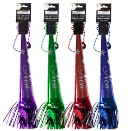 48 pieces Party Horn New Year 13.5in/4ast Solid Shiny Colors W/print & Fringe/ny Tcd - New Years