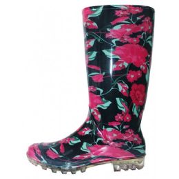Wholesale Footwear 13.5 Inches Soft Rubber Rain Boot 5-10 Black Red Floral