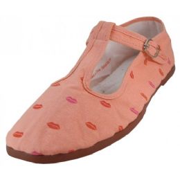 Wholesale Footwear Women's Red Lips on Pink T-Trap Cotton Upper Mary Janes