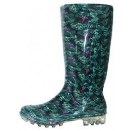 Wholesale Footwear 13.5 Inches Printed Raing Boots Green Tropical Leaves 5-10