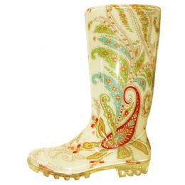 Wholesale Footwear 13.5 Inches Rubber Printed Rain Boot 6-11 Beige Paisley