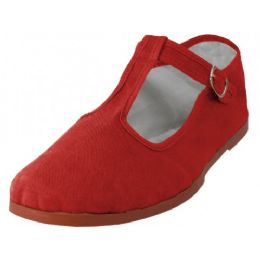 Wholesale Footwear Women's T-Strap Cotton Upper Mary Jane Shoes Mandarin Red