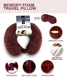 24 of Burgundy Travel Neck Pillow And Eye Mask Set - Memory Foam Pillow 2 Piece Set In Velvet With Eye Mask