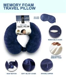 24 of Navy Travel Neck Pillow And Eye Mask Set - Memory Foam Pillow 2 Piece Set In Velvet With Eye Mask